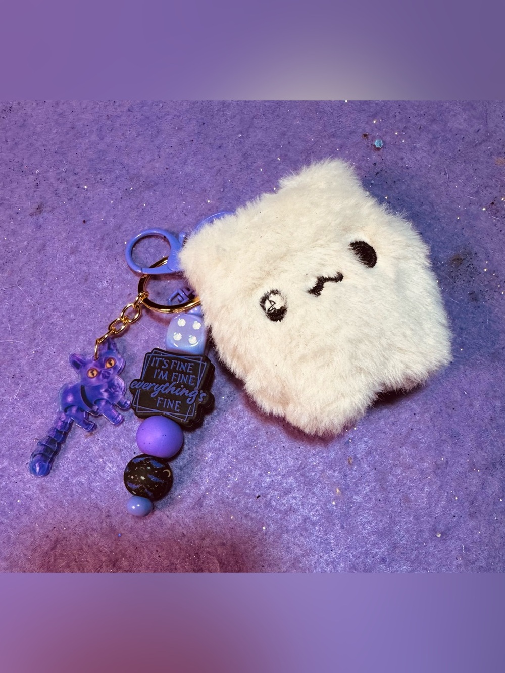 Cute Cream Fuzzy kawaii cat Keychain with Purple Accents/cat charm